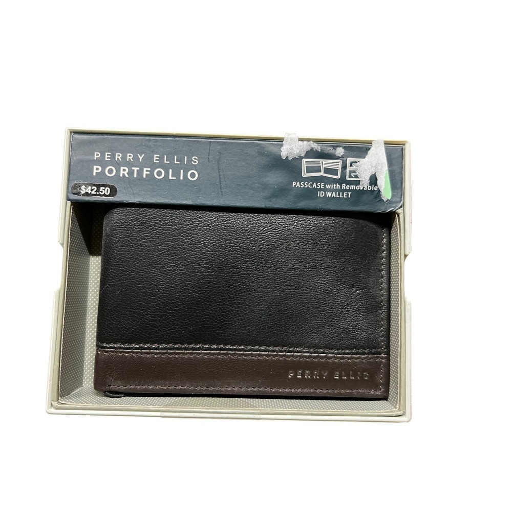 Perry Ellis Portfolio Mens Colorblocked Passcase Wallet Black Brown WA20938 NIB